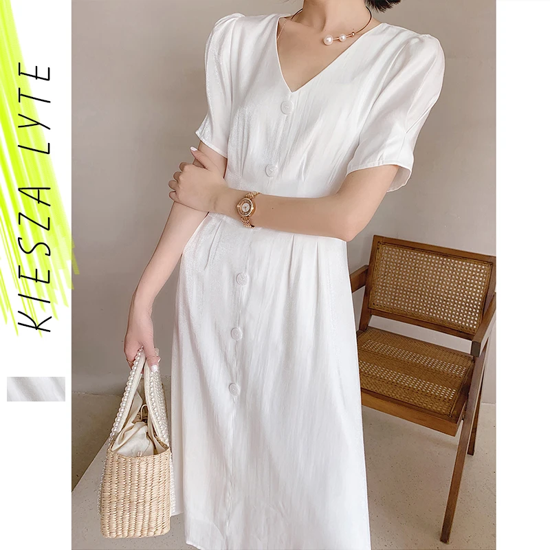 Woman White Dress Single-breasted Silk Satin High Waist Short Sleeve V-neck 2020 Summer French Elegant Dresses
Woman White Dress Single-breasted Silk Satin High Waist Short Sleeve V-neck 2020 Summer French Elegant Dresses