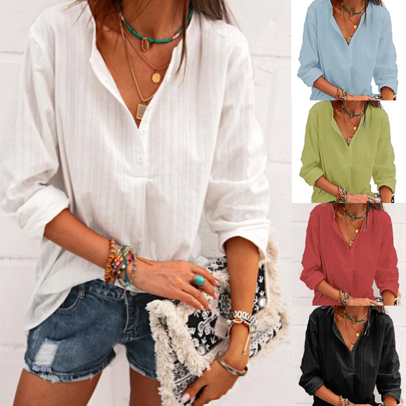 Fashion Ladies Spring and Autumn Style Thin Section Breathable Sexy V-neck Striped Button Top Casual Loose Solid Color T-shirt
Fashion Ladies Spring and Autumn Style Thin Section Breathable Sexy V-neck Striped Button Top Casual Loose Solid Color T-shirt