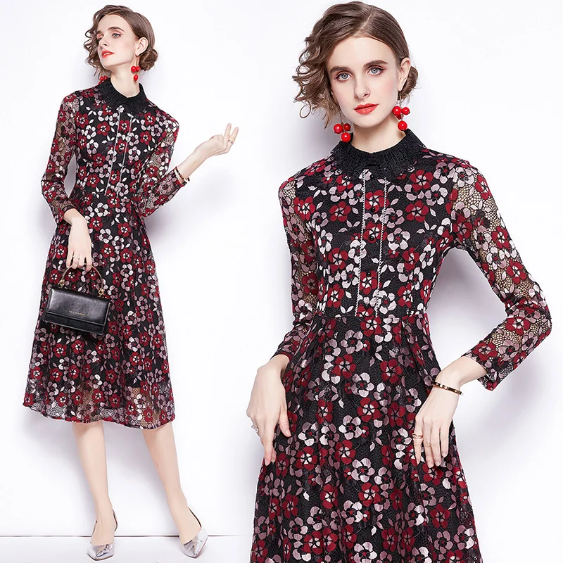 New 2021 Spring Women Floral Lace Dress Elegant Flower Print Lace Hollow Out Buttons Ladies Long Sleeve Party Vestidos
New 2021 Spring Women Floral Lace Dress Elegant Flower Print Lace Hollow Out Buttons Ladies Long Sleeve Party Vestidos