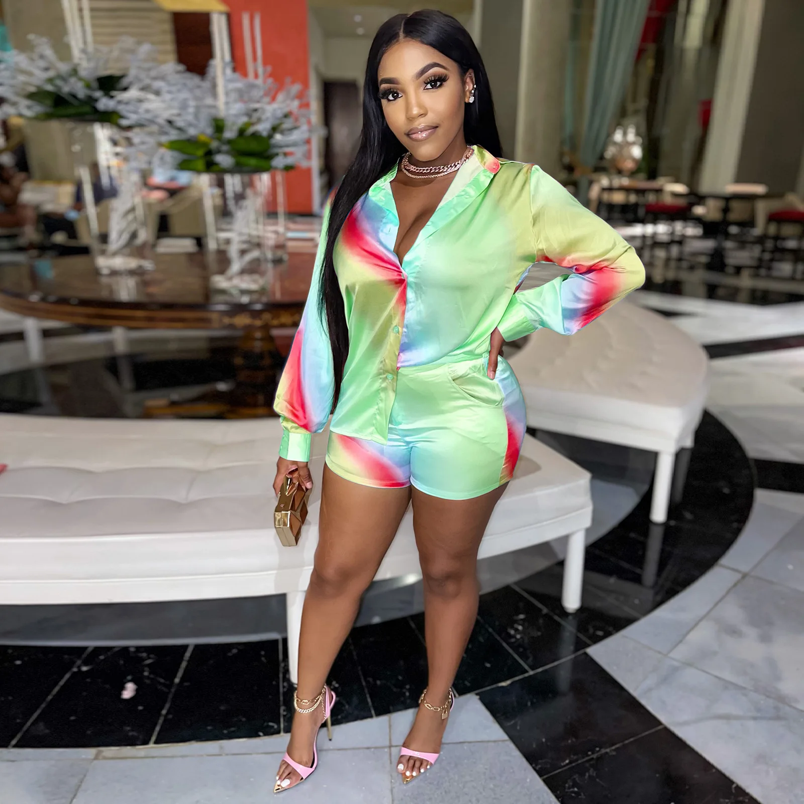 Summer Satin Two Piece Set Women Fashion Color Printing Shirt Shorts Suit Casual Silk Two Piece Set Women
Summer Satin Two Piece Set Women Fashion Color Printing Shirt Shorts Suit Casual Silk Two Piece Set Women