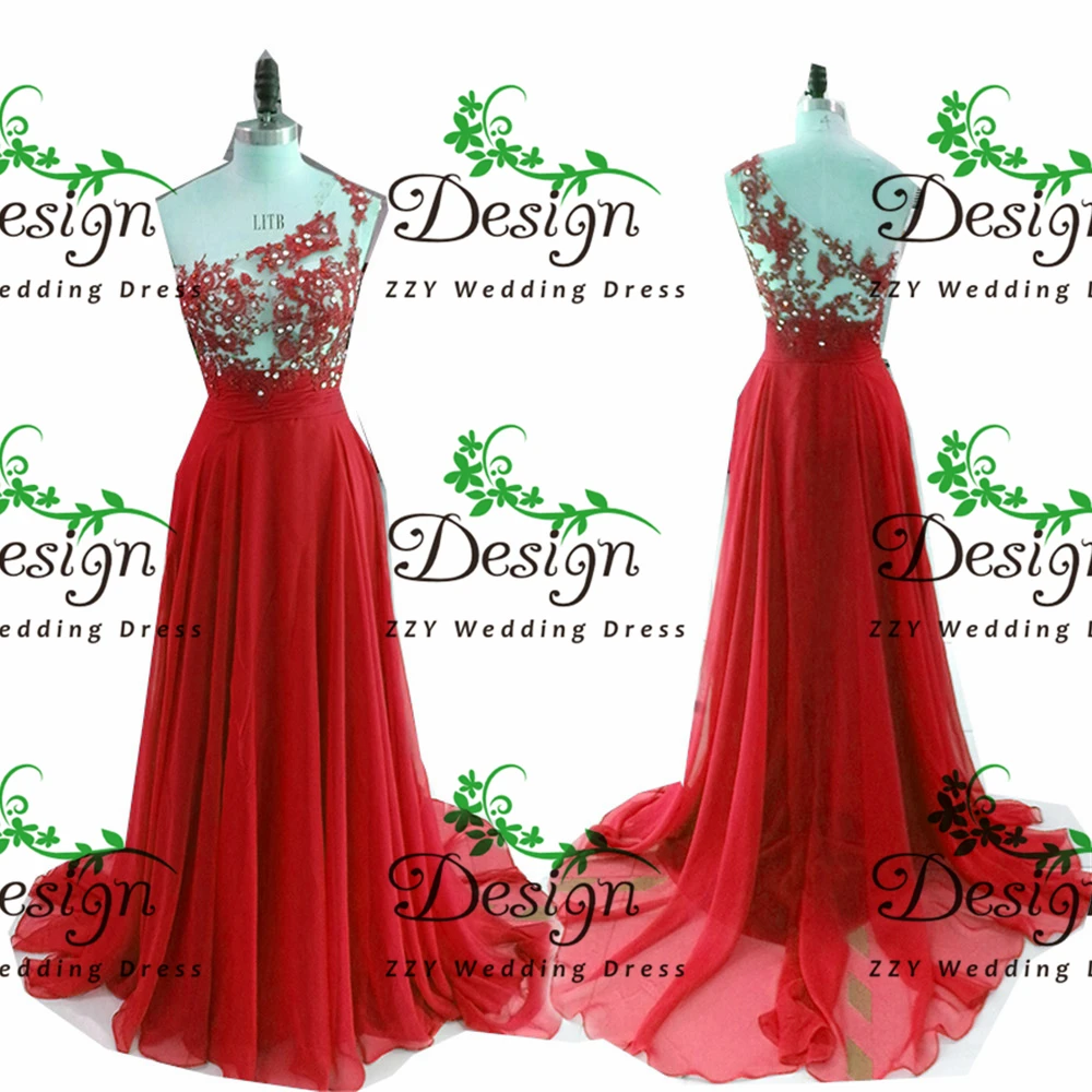 

Excellent Illusion One-Shoulder Lace Appliqued Asymmentric Crystal Sweep Train Custom-Made Prom Dress Vestido De Fiesta De boda