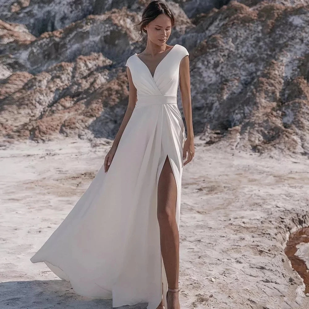 Simple A-Line Weddding Dresses 2021 High Side Slit V Neck Cap Sleeve Sweep Train Bridal Gowns Custom Vestidos De Noiva
Simple A-Line Weddding Dresses 2021 High Side Slit V Neck Cap Sleeve Sweep Train Bridal Gowns Custom Vestidos De Noiva