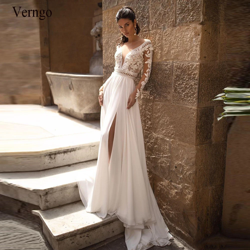 Verngo Simple A line Lace Wedding Dress Long Sleeves V Neck Backless Bohemian Bridal Gowns Side Slit 3D Flower Bride Dress 2021
Verngo Simple A line Lace Wedding Dress Long Sleeves V Neck Backless Bohemian Bridal Gowns Side Slit 3D Flower Bride Dress 2021