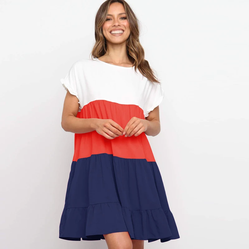 New spring and summer women's clothing short-sleeved stitching contrast color loose dress holiday dress
New spring and summer women's clothing short-sleeved stitching contrast color loose dress holiday dress