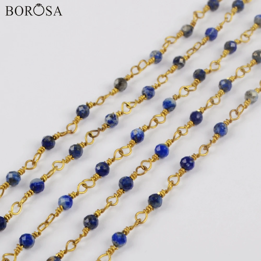 

BOROSA 3/5Meters 2mm Natural Lapis Lazuli Beads Faceted Brass Chains Natural Gems Stone Beaded Chains Jewelry Findings JT252