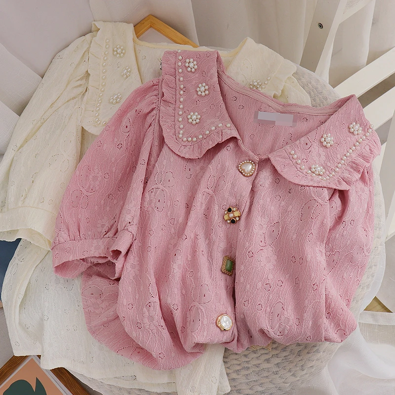 2021 Korean Blusas Mujer Beading Peter Pan Collar Vintage Short Puff Sleeve Summer Blouses Women Tops Loose Kawaii Shirt Retro
2021 Korean Blusas Mujer Beading Peter Pan Collar Vintage Short Puff Sleeve Summer Blouses Women Tops Loose Kawaii Shirt Retro
