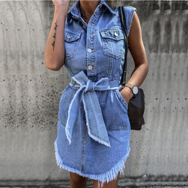 Summer Women Sleeveless Denim Dress Vintage Single Breasted Mini Jeans Dresses Woman Fashion Sashes Asymmetrical Tassel Dress
Summer Women Sleeveless Denim Dress Vintage Single Breasted Mini Jeans Dresses Woman Fashion Sashes Asymmetrical Tassel Dress