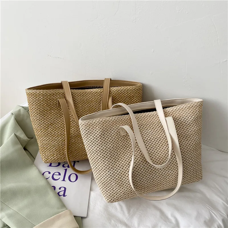 

Large Capacity Weave Tote For Women Summer Vacation Beach Straw Bag PU Pacthwork Shopper Shoulder Bag Travel Female Handbags