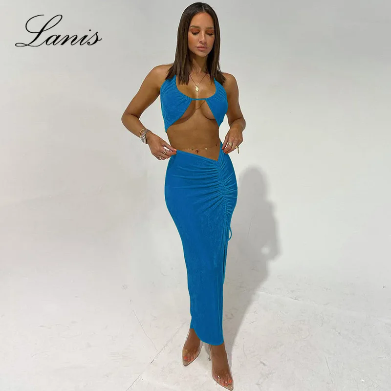 LANIS Halter Sexy Backless Women Crop Top and Midi Skirts Drawstring Ruched Matching Set Fashion Club Outfit 2 Piece Set Tuniche
LANIS Halter Sexy Backless Women Crop Top and Midi Skirts Drawstring Ruched Matching Set Fashion Club Outfit 2 Piece Set Tuniche