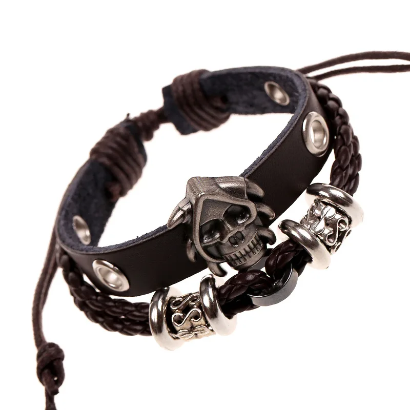 Кожаный браслет с бисером Мужской панк регулируемый плетеный &quotчереп" черный