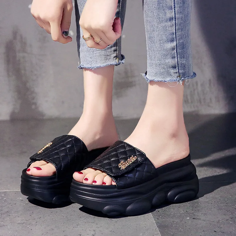 Women Soft Comfortable Gingham Slippers Fashion Ladies Platform Open Toed Sandals Summer Female Chunky 8cm Wedge Outdoor Slides | Обувь