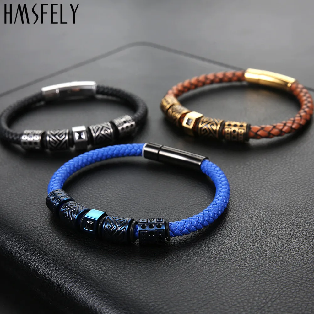 HMSFELY Men Fashion Leather Bracelet Titanium Stainless Steel Beads Charm Bracelets Bangles Jewelry For Clasp | Украшения и