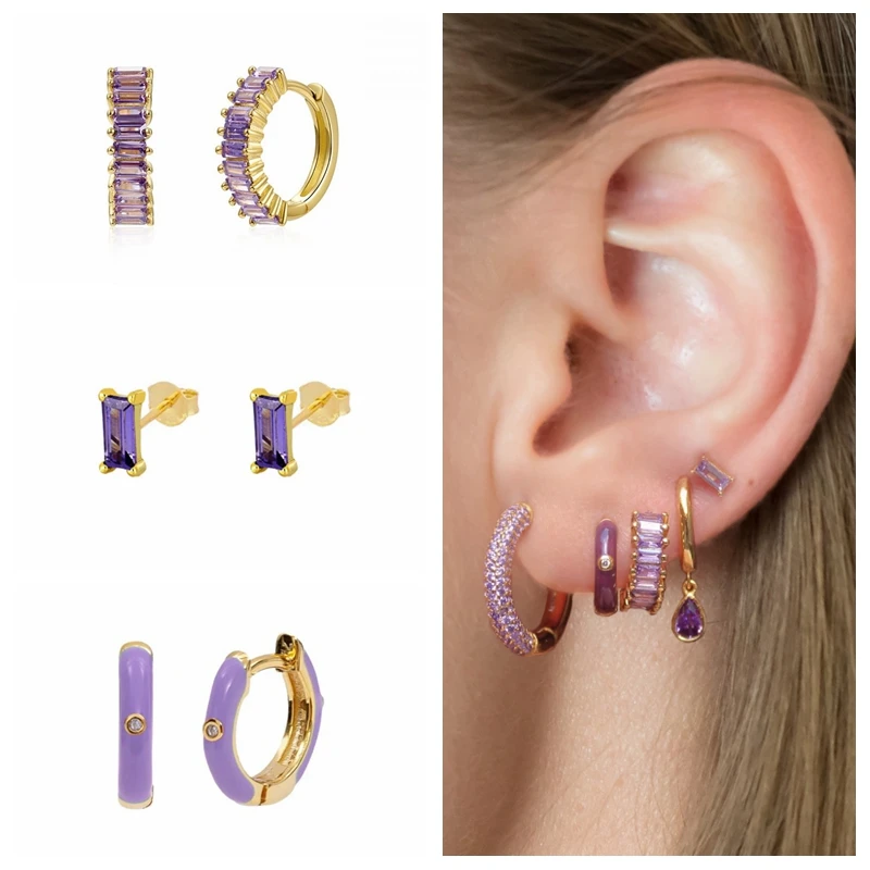 

fashion Silver Purple Zircon Boho Hoop Earrings For Women 2021 Summer Crystal Jewelry Enamel Piercing Earings Gift Aros Colore