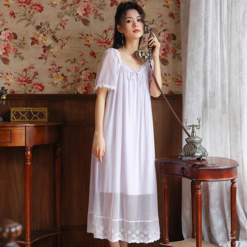 

Romantic Victorian Night Dress Women Fairy Mesh Modal Lace Peignoir Princess Sleepwear Vintage Kawaii Nightgowns Home Nightwear