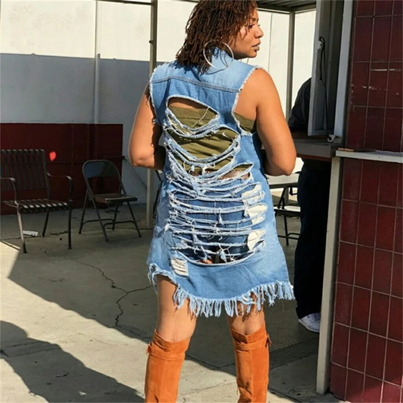 CHRONSTYLE Fashion Sexy Holes Denim Jackets Ladies Sleeveless Ripped Destroyed Loose Long Jackets Coats Outwear Women Plus Size
CHRONSTYLE Fashion Sexy Holes Denim Jackets Ladies Sleeveless Ripped Destroyed Loose Long Jackets Coats Outwear Women Plus Size