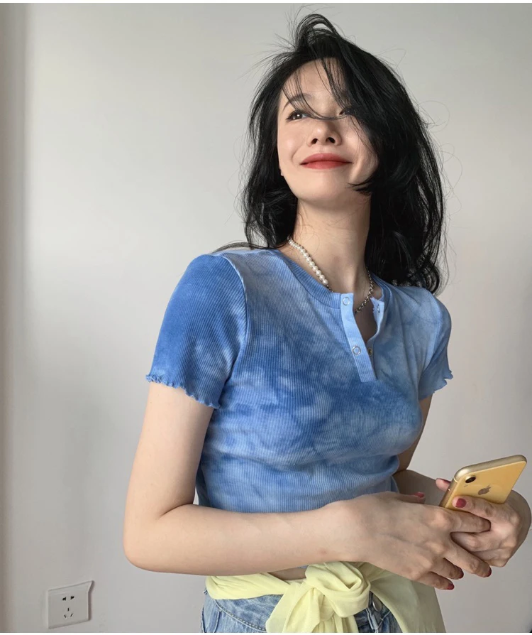 Tie Dye Crop Top Women Summer 2021 Korean Style Streetwear Casual Ruffles Shirring Short Sleeve Cropped T-Shirt Blue T626
Tie Dye Crop Top Women Summer 2021 Korean Style Streetwear Casual Ruffles Shirring Short Sleeve Cropped T-Shirt Blue T626