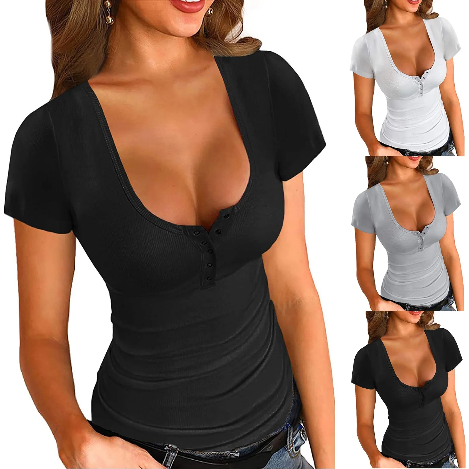 Fashion classic solid color T-shirt top sexy button decoration low-cut tight-fitting slim tee top T-shirt summer T-shirt short
Fashion classic solid color T-shirt top sexy button decoration low-cut tight-fitting slim tee top T-shirt summer T-shirt short
