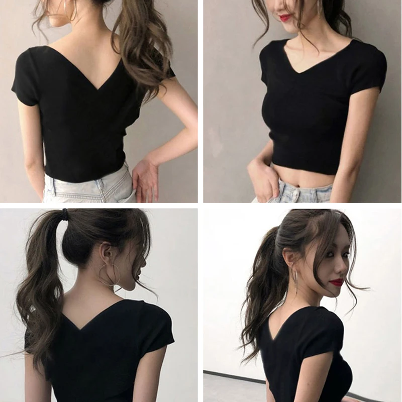 Women Solid Black White T-shirts Short Sleeve Crop Tops V-neck Summer Sexy Slim Skinny All-match Simple Korean Style Casual Chic
Women Solid Black White T-shirts Short Sleeve Crop Tops V-neck Summer Sexy Slim Skinny All-match Simple Korean Style Casual Chic