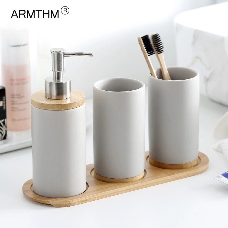 Фото Керамическая чашка для мытья Бамбуковая деталь набор аксессуаров ванной комнаты