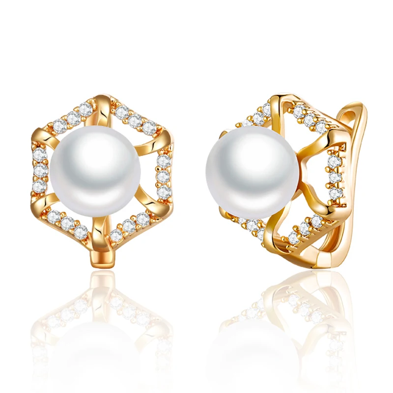 

Luxury Pearl Stud Earrings Gold Silver Color Hexagon Cubic Zirconia Earrings with Pearls for Women Wedding Party Jewelry Gifts
