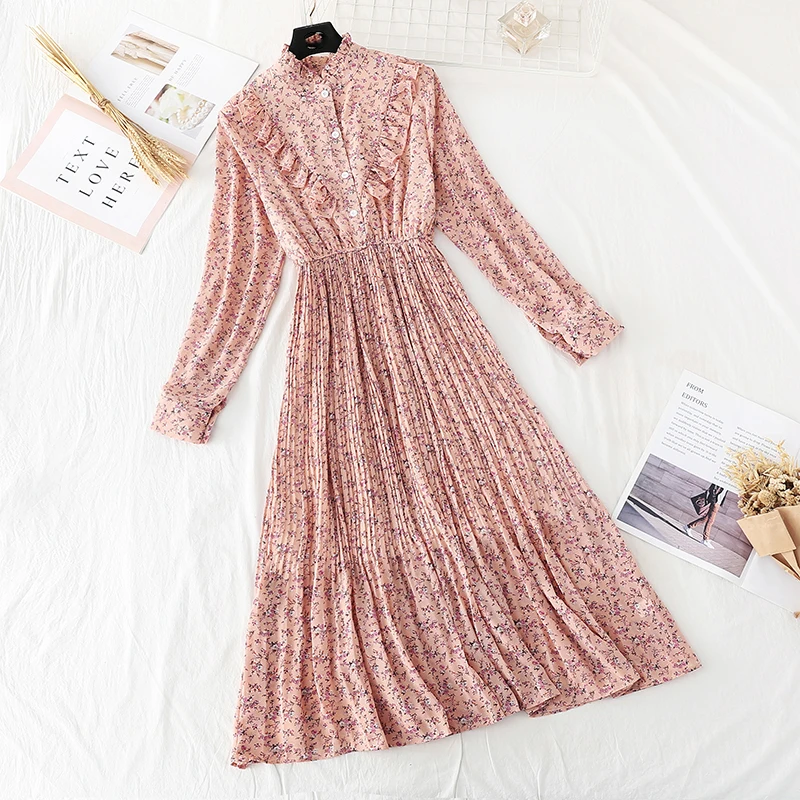 Elegant Ruffles Women Dress Retro Long Sleeve Female Chiffon Pleated Dress 2020 Spring Single-breasted Vestidos 
Elegant Ruffles Women Dress Retro Long Sleeve Female Chiffon Pleated Dress 2020 Spring Single-breasted Vestidos