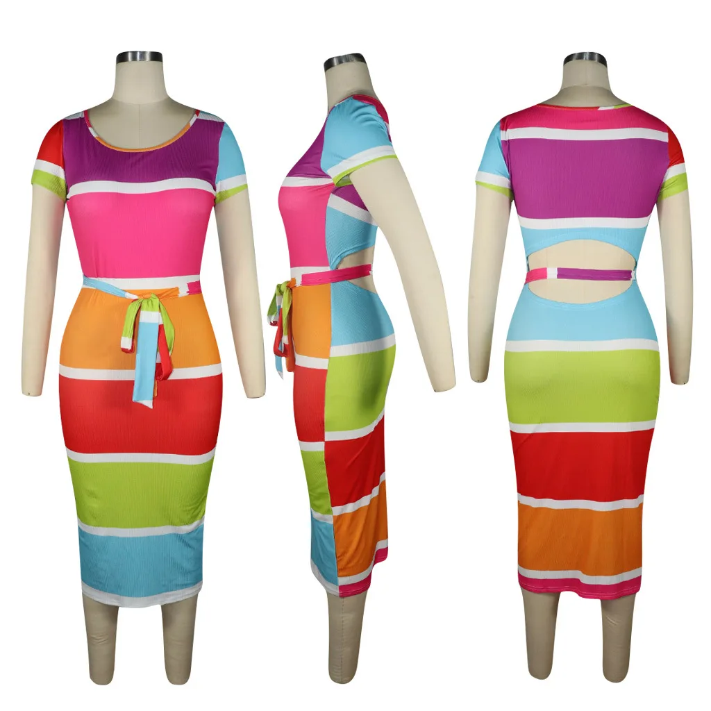 women dress rainbow striped short sleeve o-neck with sashes high waist bodycon midi dress cut out sexy party pencil dresses
women dress rainbow striped short sleeve o-neck with sashes high waist bodycon midi dress cut out sexy party pencil dresses