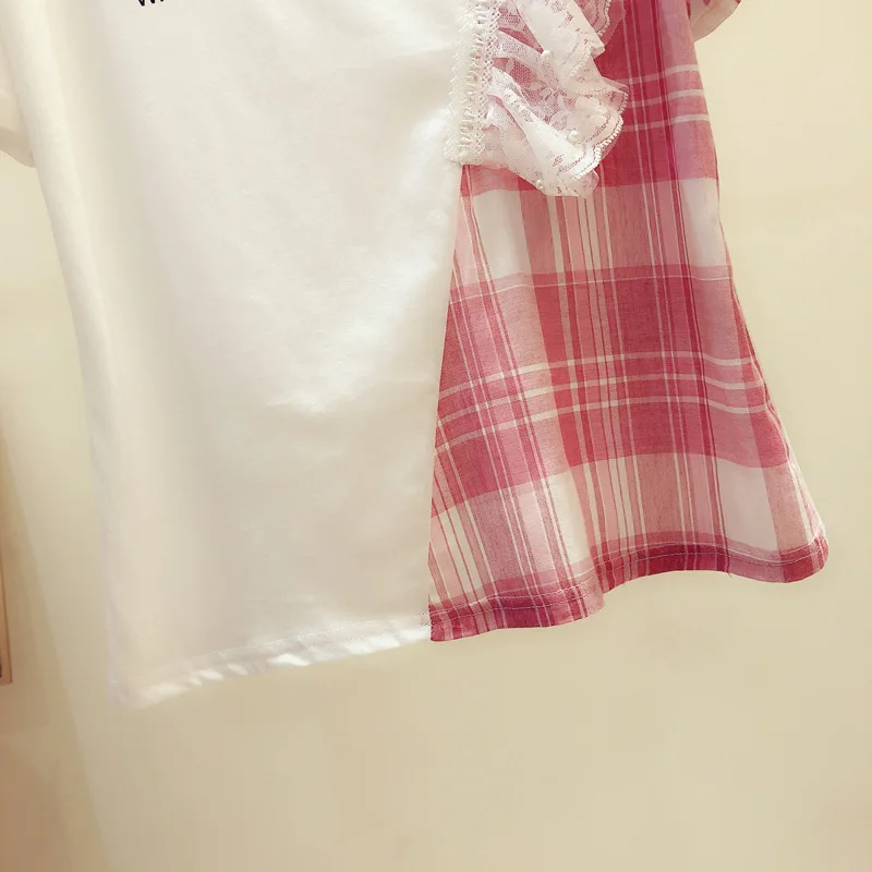 2021 Summer Lace Plaid Beads Short-Sleeved T-shirt Loose Korean Style Letter Printed Female Top Fashion Sweet Pullover Tee
2021 Summer Lace Plaid Beads Short-Sleeved T-shirt Loose Korean Style Letter Printed Female Top Fashion Sweet Pullover Tee