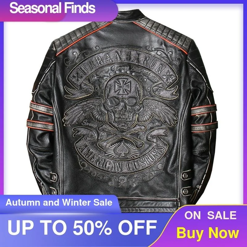 Vintage 2021 Black Skulls Embroidery Biker's Leather Jacket Men Plus Size XXXXL Genuine Cowhide Spring Slim Fit Motorcycle Coat
Vintage 2021 Black Skulls Embroidery Biker's Leather Jacket Men Plus Size XXXXL Genuine Cowhide Spring Slim Fit Motorcycle Coat