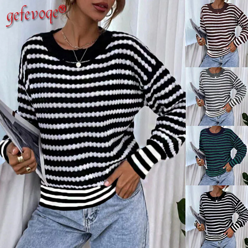 Knitting Round Neck Striped Print Top Female Patchwork Long Sleeve Casual Fashion T-shirt Simplicity Pullover Popularity Clothes
Knitting Round Neck Striped Print Top Female Patchwork Long Sleeve Casual Fashion T-shirt Simplicity Pullover Popularity Clothes