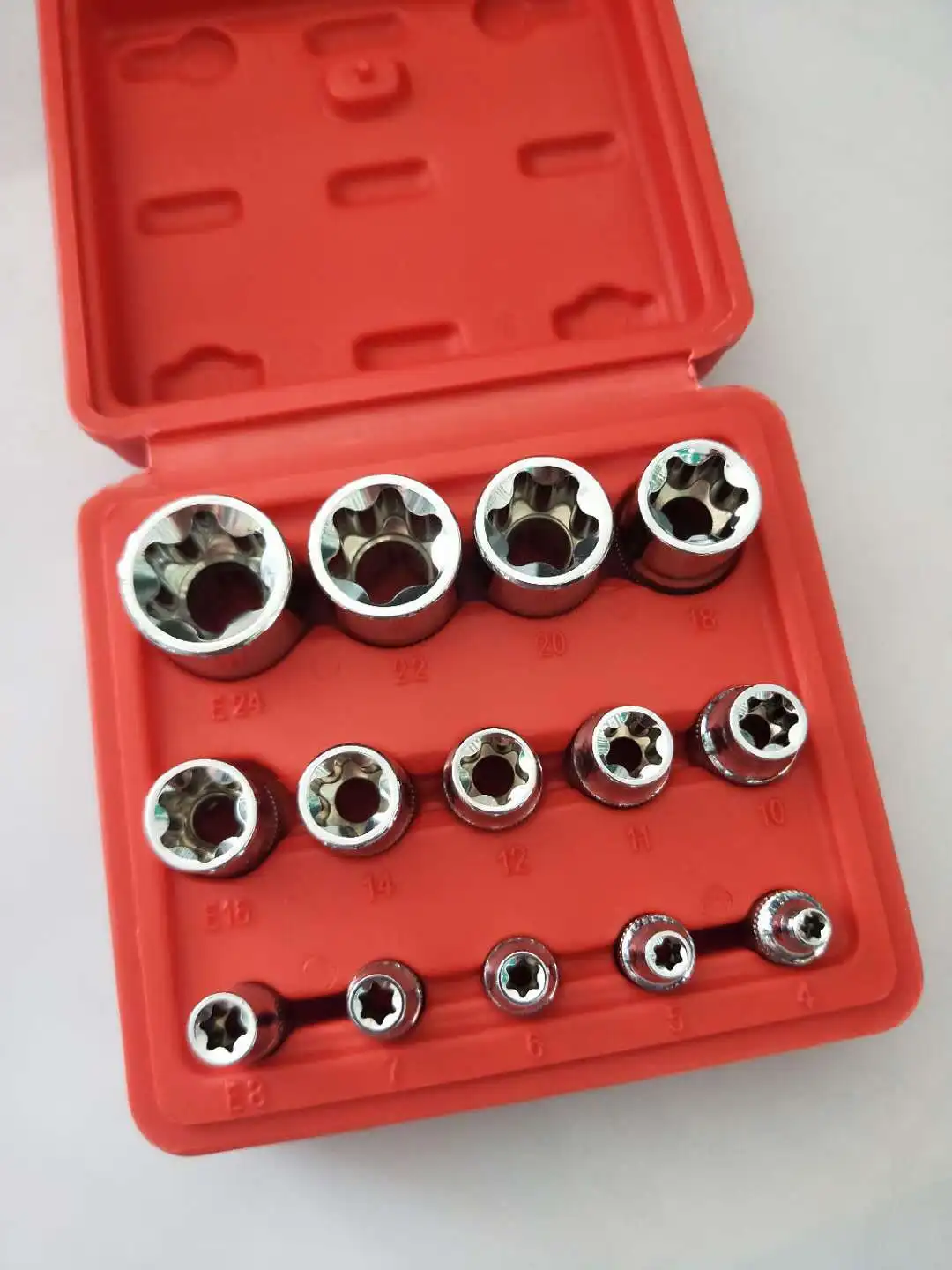 Crv material 14pcs/set E Torx Star Female Bit Socket Set 1/2" 3/8" 1/4" Drive E4 - E24 repair tool hand tool set high quanlity
Crv material 14pcs/set E Torx Star Female Bit Socket Set 1/2" 3/8" 1/4" Drive E4 - E24 repair tool hand tool set high quanlity