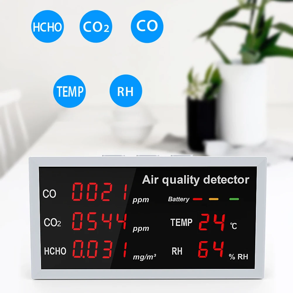 5 in 1 Multifunctional Detector LED Display CO CO2 HCHO Temperature Humidity Monitoring Air Quality Detector
5 in 1 Multifunctional Detector LED Display CO CO2 HCHO Temperature Humidity Monitoring Air Quality Detector