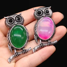 Vintage Alloy Owl Pendant Natural Stone Tiger Eye Amethysts Shell Brooches for Women Charms DIY Necklace Pins Jewelry Gift