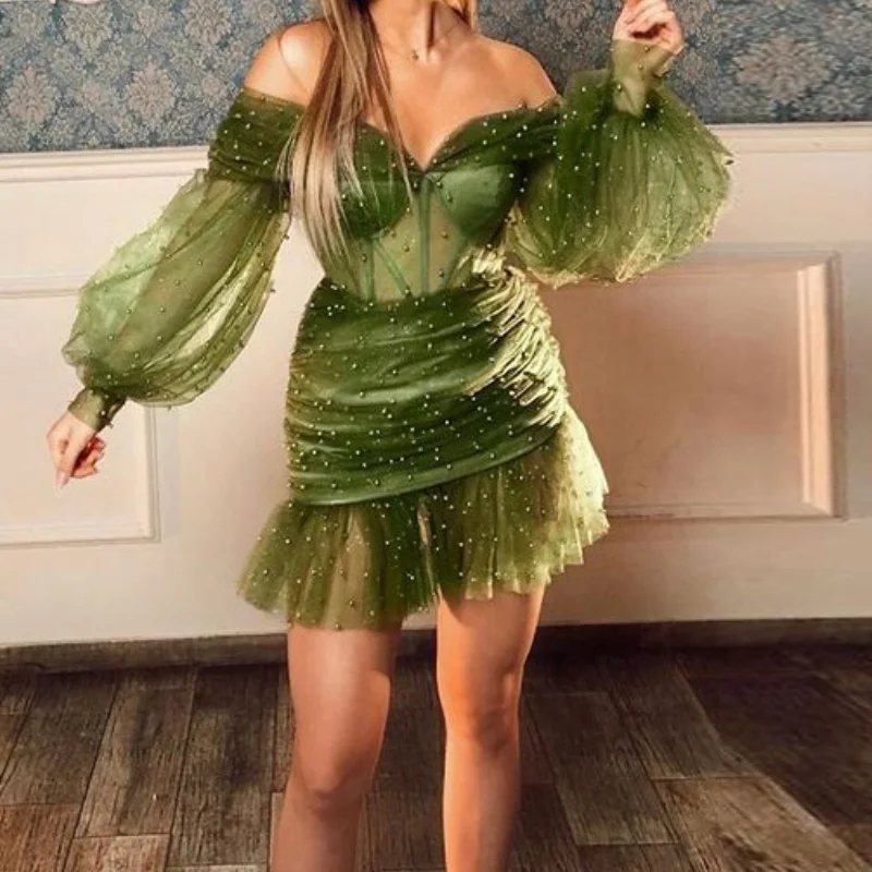 Charming Beading Women Mesh Gown Dresses Sexy Slash Neck Lantern Sleeve High Waist 2021 Summer Ruffles See-through Party Dress
Charming Beading Women Mesh Gown Dresses Sexy Slash Neck Lantern Sleeve High Waist 2021 Summer Ruffles See-through Party Dress