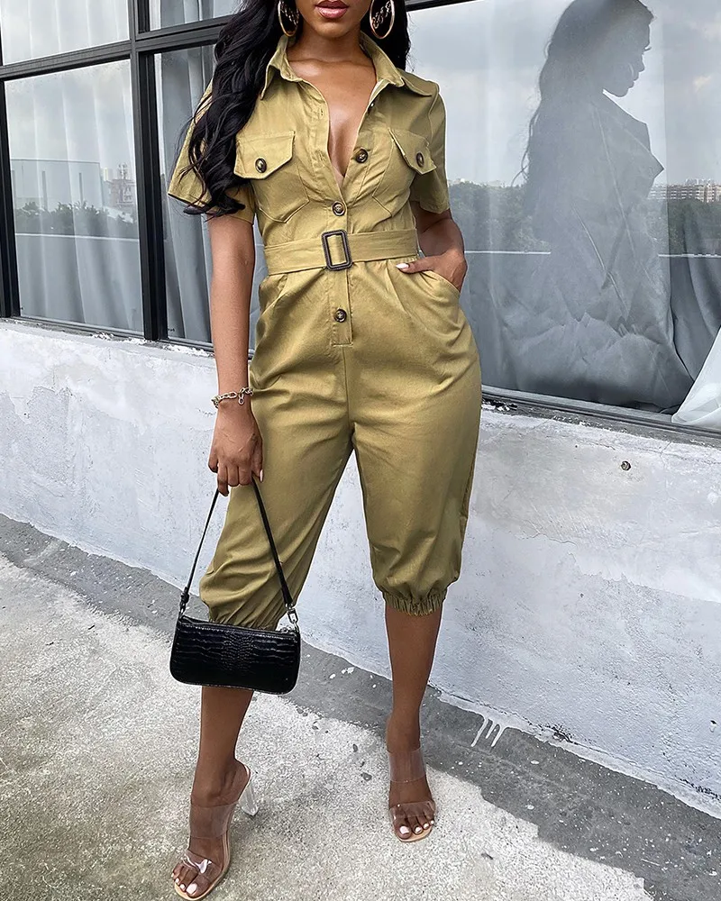 

Summer Female Ladies Fashion Short Sleeve Jumpsuit Women's Solid Button Front Flap Detail Belted Rompers