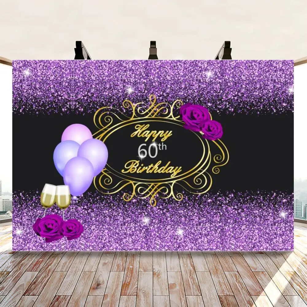 

Happy 60th Birthday Photo Backdrop Royal Purple Gold Glitter Bokeh Shiny Photography Background Diamond Beer Celebrate Backdrops