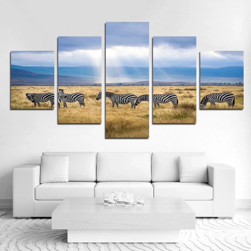 5Pcs Hd Canvas Painting Zebra On The Lawn Under The Blue Sky and Sunshine Posters Wall Art Pictures for Home Room Decor No Frame
5Pcs Hd Canvas Painting Zebra On The Lawn Under The Blue Sky and Sunshine Posters Wall Art Pictures for Home Room Decor No Frame