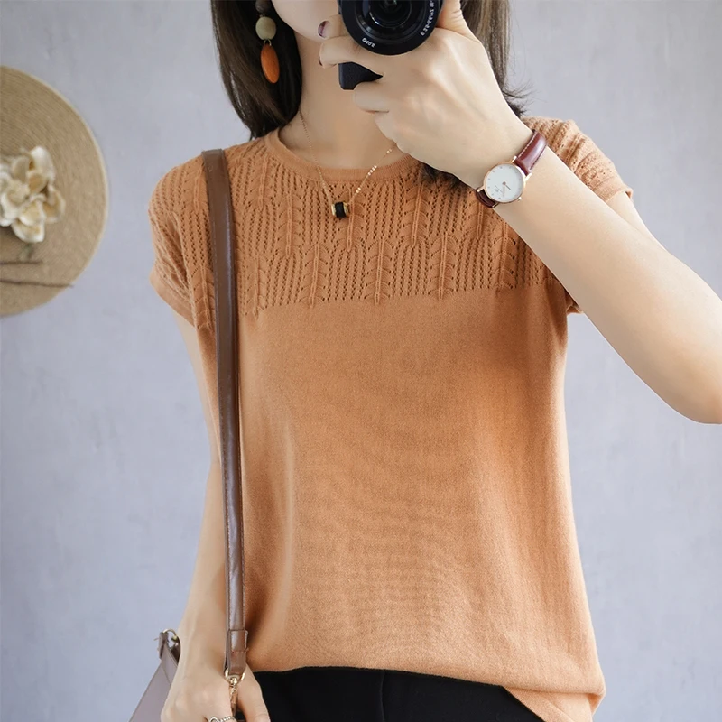 100% Cotton Knit Short-Sleeved Women's Round Neck Pullover Hollow Pure Cotton Bottoming T-Shirt Cotton And Linen Tops Thin
100% Cotton Knit Short-Sleeved Women's Round Neck Pullover Hollow Pure Cotton Bottoming T-Shirt Cotton And Linen Tops Thin