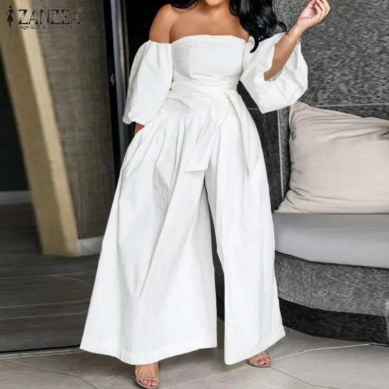 

2021 ZANZEA Summer Overalls Belted Women's Puff Sleeve Jumpsuits Sexy Off Shoulder Rompers Female Wide Leg Pants Plus Size 5XL