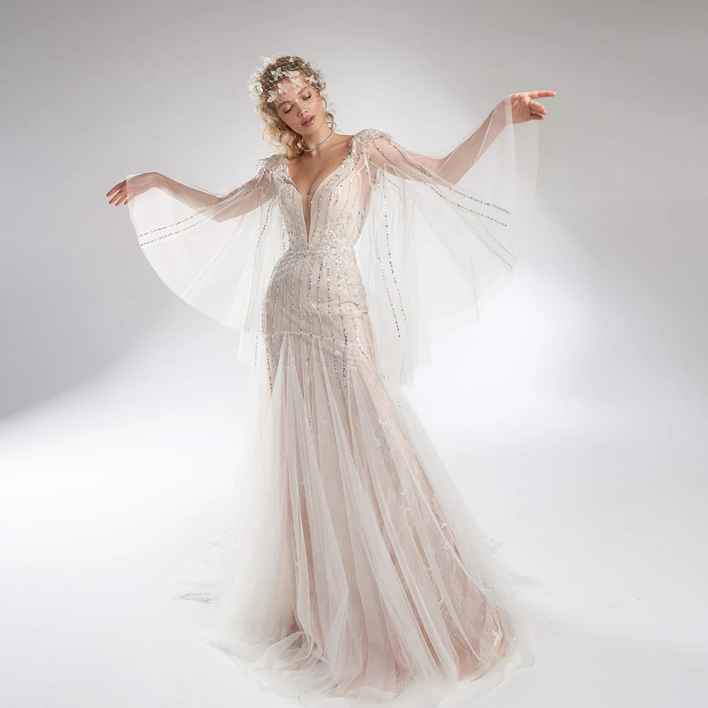 Luxury Champagne Lace And Sequin Mermaid Wedding Dress For Woman Shinny Tulle Bridal Party Gown Long Train Vestidos De Novia
Luxury Champagne Lace And Sequin Mermaid Wedding Dress For Woman Shinny Tulle Bridal Party Gown Long Train Vestidos De Novia