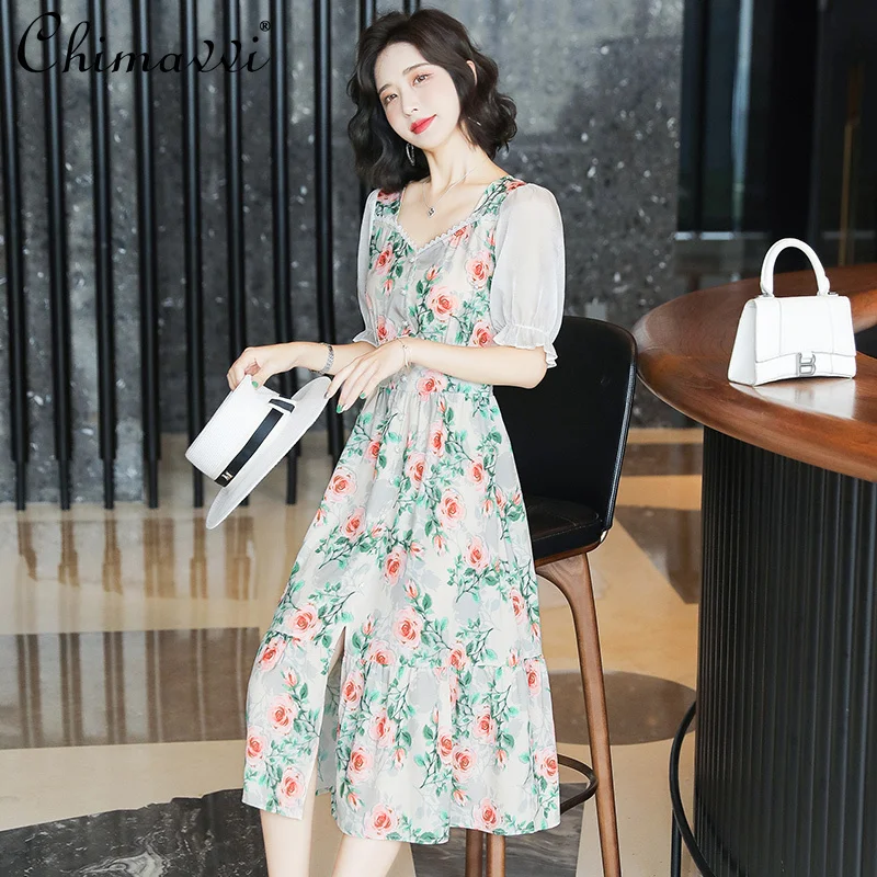 Floral Chiffon Dress for Women Summer 2021 Waist Slimming High Waist A Line Long Dress Female Short Sleeve Elegant Dress
Floral Chiffon Dress for Women Summer 2021 Waist Slimming High Waist A Line Long Dress Female Short Sleeve Elegant Dress