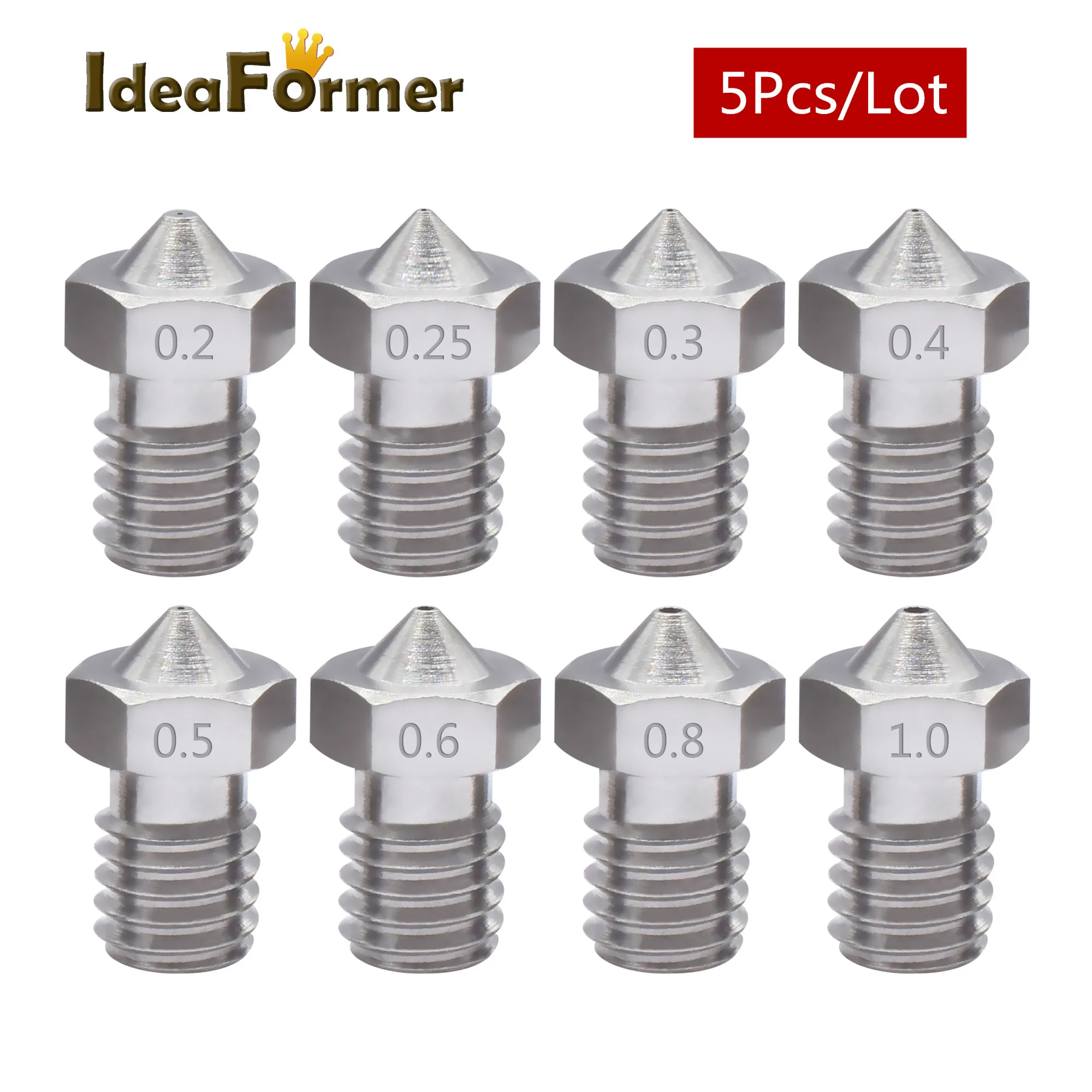 5Pcs E3D V6 Stainless Steel Nozzle M6 Thread 0.2/0.25/0.3/04/0.5/0.6/0.8/1.0mm for 3D Printer 1.75/3.0mm Filament V5 V6 Hot End.
5Pcs E3D V6 Stainless Steel Nozzle M6 Thread 0.2/0.25/0.3/04/0.5/0.6/0.8/1.0mm for 3D Printer 1.75/3.0mm Filament V5 V6 Hot End.