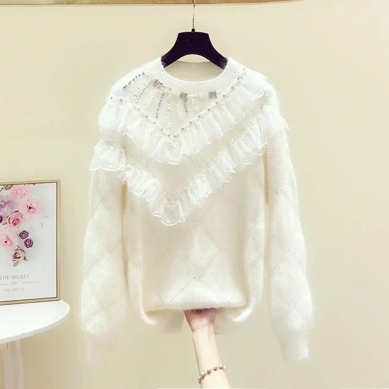 Autumn Winter Knitted Round Neck Pullover Sweater Women Casual Loose Jumper Ladies Lace Stitching Sequin Beaded Sweater Female
Autumn Winter Knitted Round Neck Pullover Sweater Women Casual Loose Jumper Ladies Lace Stitching Sequin Beaded Sweater Female