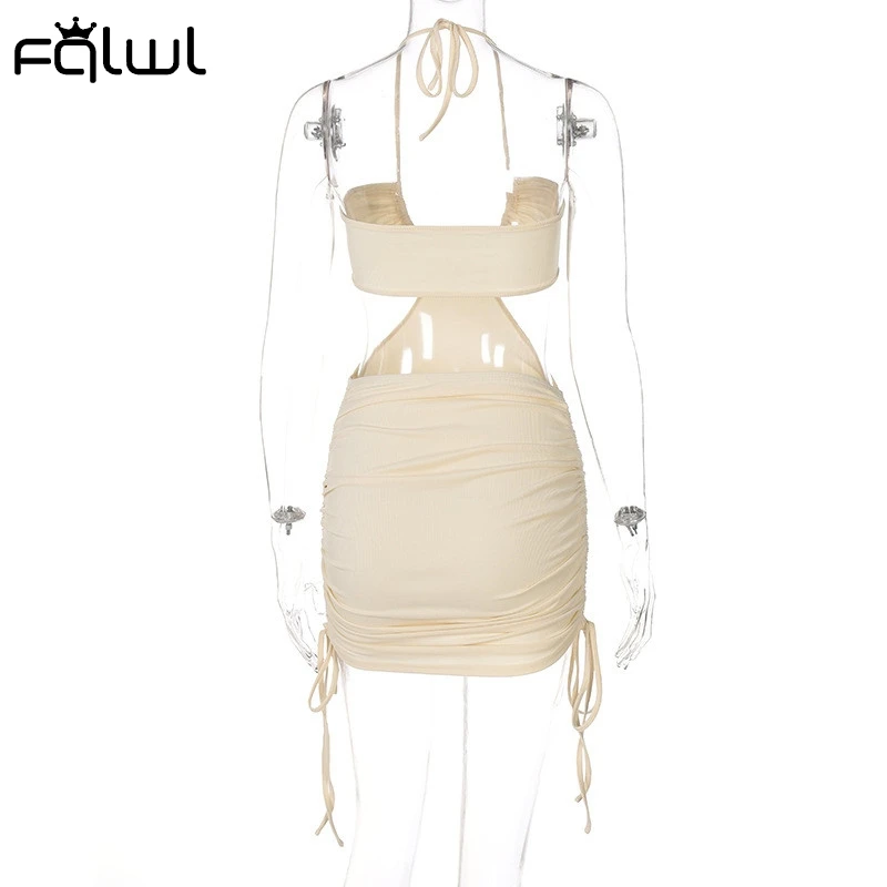 FQLWL Summer Sexy Dresses For Women 2021 Halter Bandage Backless Bodycon Dress Hollow Out Drawstring Clubwear Party Mini Dress