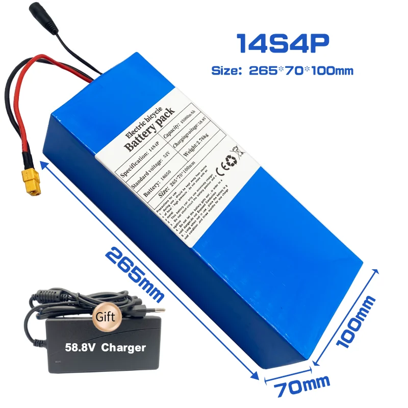 52V 14S4P 45000mAh 18650 2000W lithium battery for balance car, electric bicycle, scooter, tricycle (with BMS 58.8v charger)
52V 14S4P 45000mAh 18650 2000W lithium battery for balance car, electric bicycle, scooter, tricycle (with BMS 58.8v charger)