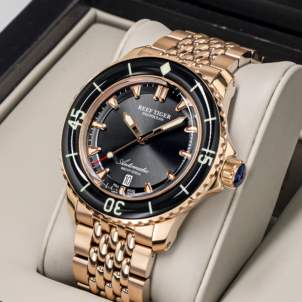Reef Tiger/RT Top Brand Men Mechanical Dive Watches Rose Gold Bracelet Watches Luminous Watch Waterproof RGA3035
Reef Tiger/RT Top Brand Men Mechanical Dive Watches Rose Gold Bracelet Watches Luminous Watch Waterproof RGA3035