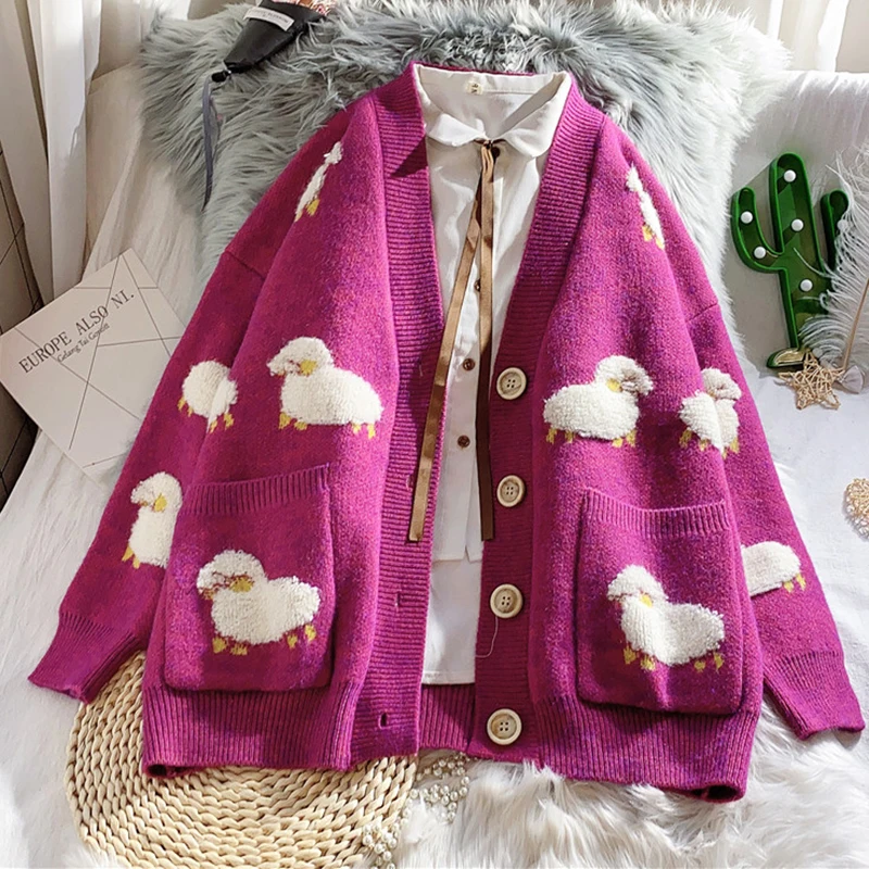 Autumn Winter Knitted Female Cardigan Loose Streetwear Knit Sweater Coat Cute Cartoon Print V Neck Knitted Cardigan Women Jacket
Autumn Winter Knitted Female Cardigan Loose Streetwear Knit Sweater Coat Cute Cartoon Print V Neck Knitted Cardigan Women Jacket