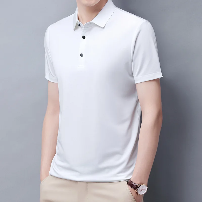 2021 men's short sleeve T-shirt summer silk Lapel solid color polo shirt loose middle-aged thin body
2021 men's short sleeve T-shirt summer silk Lapel solid color polo shirt loose middle-aged thin body