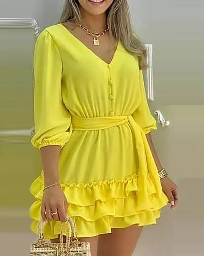 Women's V-neck mini dress, new fashion club party skirt, women's three-quarter sleeve yellow V-neck dress-with belt
Women's V-neck mini dress, new fashion club party skirt, women's three-quarter sleeve yellow V-neck dress-with belt