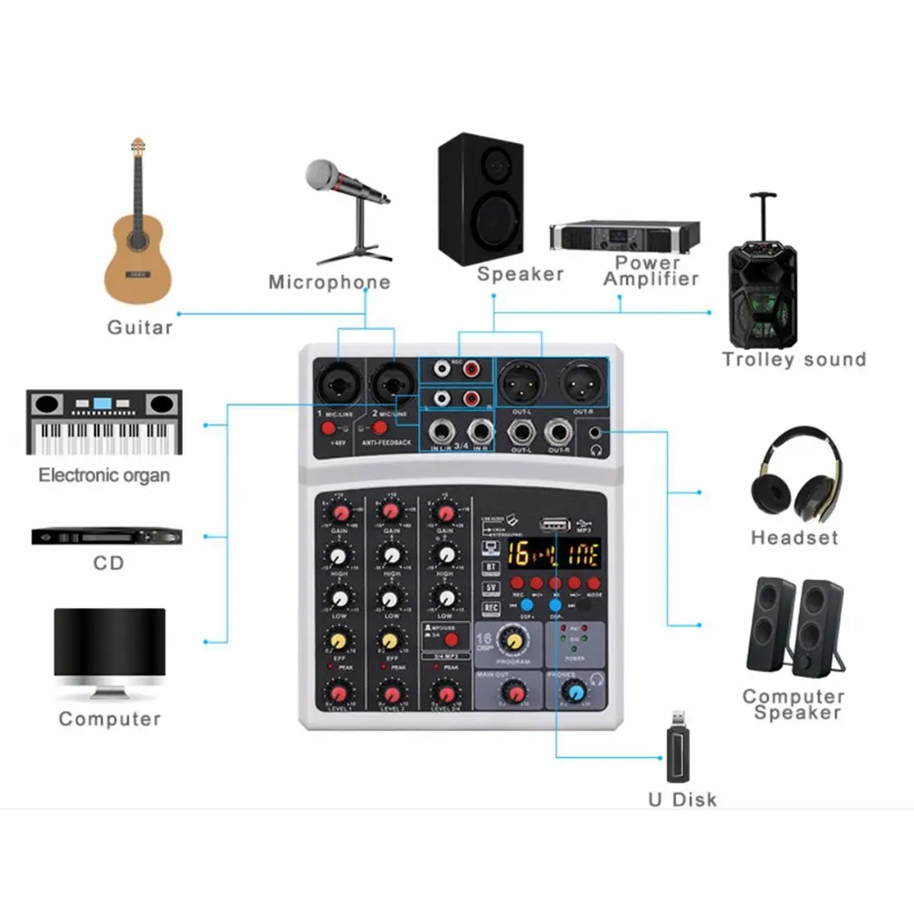 Protable Mini Mixer Audio DJ Console 4-channel with Sound Card, USB, 48V Phantom Power for PC Recording Singing Webcast Party
Protable Mini Mixer Audio DJ Console 4-channel with Sound Card, USB, 48V Phantom Power for PC Recording Singing Webcast Party