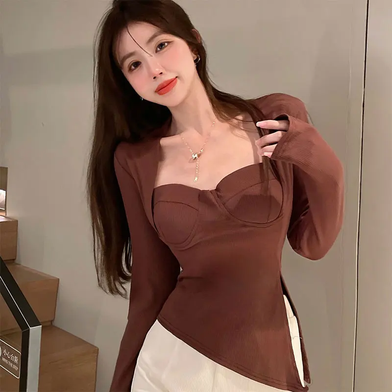 Women Autumn Long Sleeve Sexy Tops Square Collar Vintage Side Split T-Shirts Fashion Korean Femme Slim Streetwear Tee Shirt
Women Autumn Long Sleeve Sexy Tops Square Collar Vintage Side Split T-Shirts Fashion Korean Femme Slim Streetwear Tee Shirt